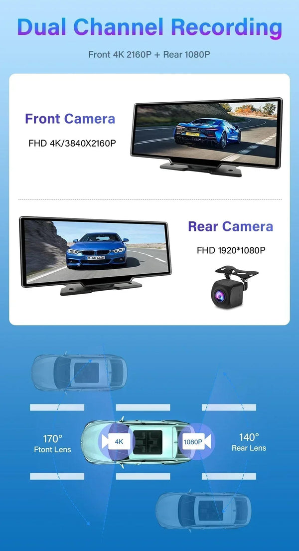 Planet Gates Srnubi 10.26" Dash Cam Rearview Carplay Android Auto 4K DVR GPS Navigation Player Dual Len Recorder Dashboard  24H Park WIFI BT