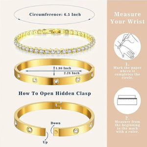 Planet Gates Stackable Gold Bracelets Bangles for Women Girls 14K Gold Plated Cubic Zirconia Tennis Bracelet Stainless Steel Jewelry Gifts