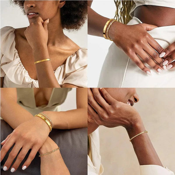 Planet Gates Stackable Gold Bracelets Bangles for Women Girls 14K Gold Plated Cubic Zirconia Tennis Bracelet Stainless Steel Jewelry Gifts