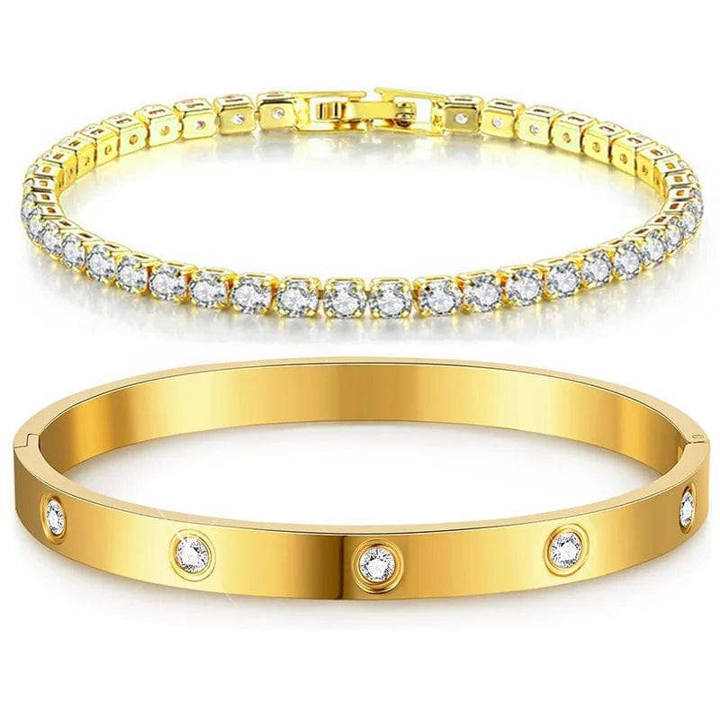 Planet Gates Stackable Gold Bracelets Bangles for Women Girls 14K Gold Plated Cubic Zirconia Tennis Bracelet Stainless Steel Jewelry Gifts