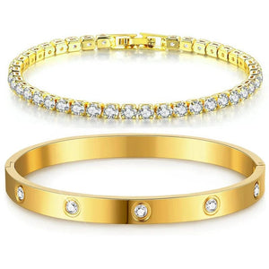 Planet Gates Stackable Gold Bracelets Bangles for Women Girls 14K Gold Plated Cubic Zirconia Tennis Bracelet Stainless Steel Jewelry Gifts