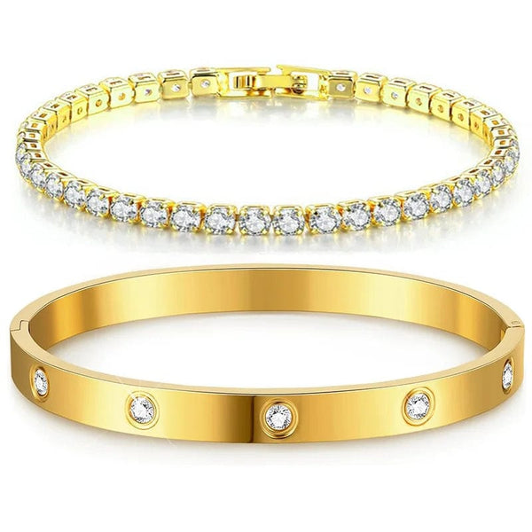 Planet Gates Stackable Gold Bracelets Bangles for Women Girls 14K Gold Plated Cubic Zirconia Tennis Bracelet Stainless Steel Jewelry Gifts