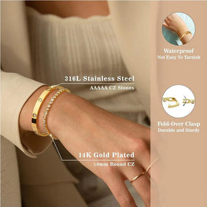 Planet Gates Stackable Gold Bracelets Bangles for Women Girls 14K Gold Plated Cubic Zirconia Tennis Bracelet Stainless Steel Jewelry Gifts