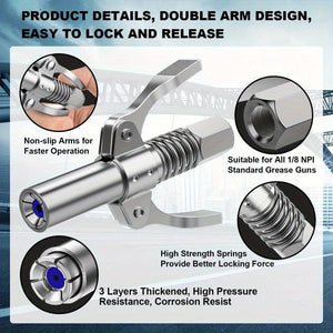Planet Gates Stainless Steel 1pc Grease Gun Coupler, Double Widen Handle Quick Lock Release Grease Tips Ends Couplers, Rated 10, 000 PSI, Compatible With All Grease Guns 1/8" NPT Fittings