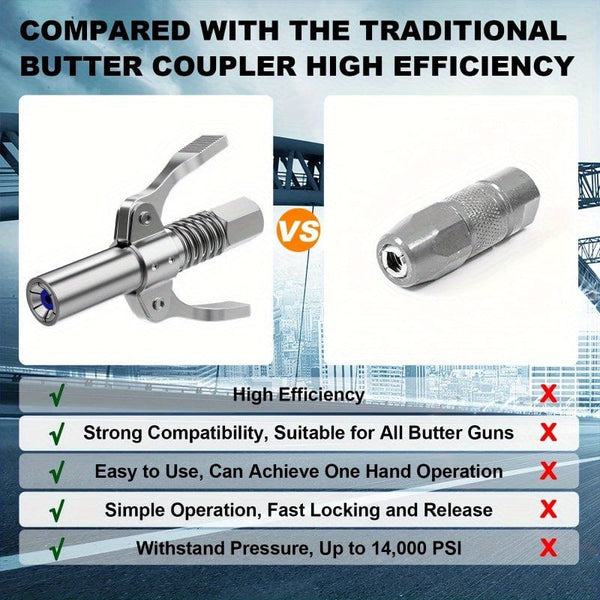 Planet Gates Stainless Steel 1pc Grease Gun Coupler, Double Widen Handle Quick Lock Release Grease Tips Ends Couplers, Rated 10, 000 PSI, Compatible With All Grease Guns 1/8" NPT Fittings