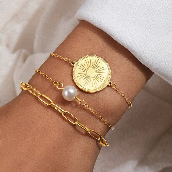 Planet Gates Stainless Steel Bracelet Triple Stacked Circle Imitation Pearl Vintage Elegant Bracelet Ladies Jewelry Birthday Anniversary Gift