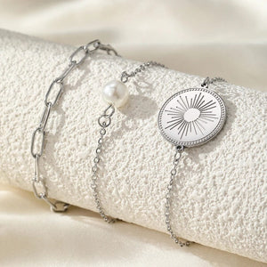 Planet Gates Stainless Steel Bracelet Triple Stacked Circle Imitation Pearl Vintage Elegant Bracelet Ladies Jewelry Birthday Anniversary Gift