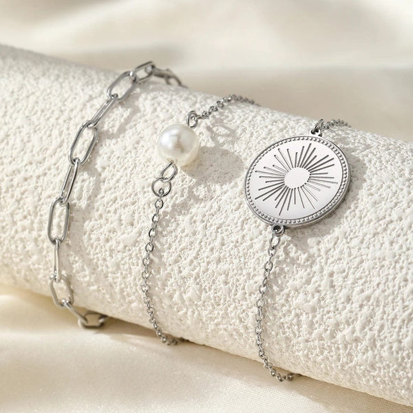 Planet Gates Stainless Steel Bracelet Triple Stacked Circle Imitation Pearl Vintage Elegant Bracelet Ladies Jewelry Birthday Anniversary Gift