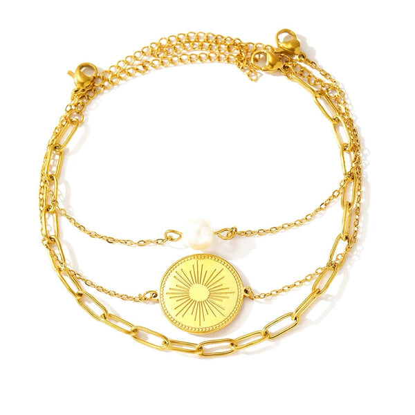 Planet Gates Stainless Steel Bracelet Triple Stacked Circle Imitation Pearl Vintage Elegant Bracelet Ladies Jewelry Birthday Anniversary Gift