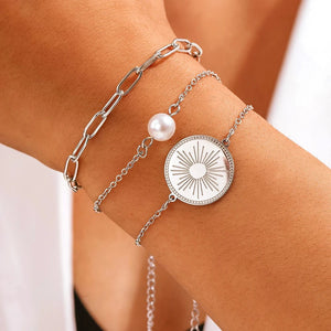 Planet Gates Stainless Steel Bracelet Triple Stacked Circle Imitation Pearl Vintage Elegant Bracelet Ladies Jewelry Birthday Anniversary Gift