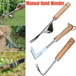 Planet Gates Stainless Steel Wood Handle Garden Weeder Hand Weeding Removal Cutter Puller Tools Multifunction Weeder Transplant Garden Tools