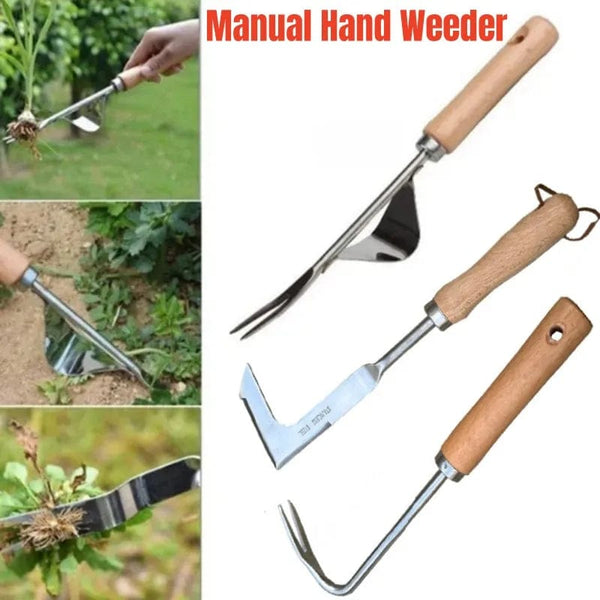 Planet Gates Stainless Steel Wood Handle Garden Weeder Hand Weeding Removal Cutter Puller Tools Multifunction Weeder Transplant Garden Tools