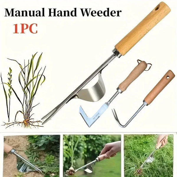 Planet Gates Stainless Steel Wood Handle Garden Weeder Hand Weeding Removal Cutter Puller Tools Multifunction Weeder Transplant Garden Tools