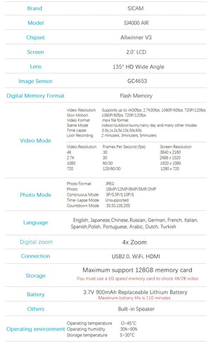 Planet Gates Standard SJCAM Action Camera SJ4000 AIR 4K 30PFS 1080P 4x Zoom WIFI Sports Video Action Cameras Motorcycle Bicycle Helmet Waterproof Cam