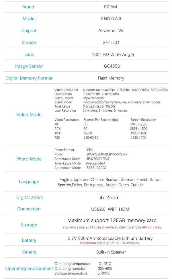 Planet Gates Standard SJCAM Action Camera SJ4000 AIR 4K 30PFS 1080P 4x Zoom WIFI Sports Video Action Cameras Motorcycle Bicycle Helmet Waterproof Cam