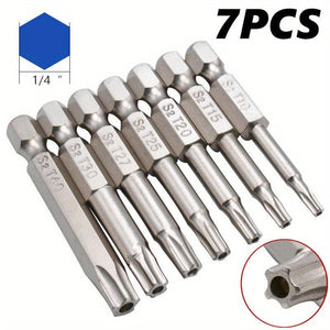 Planet Gates Star Bits 7pcs/set Tamper Resistant Star Bits, 1/4" Hex Shank, S2 Steel Screwdriver, Nickel Plated, 5cm Length