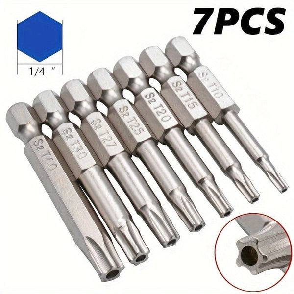 Planet Gates Star Bits 7pcs/set Tamper Resistant Star Bits, 1/4" Hex Shank, S2 Steel Screwdriver, Nickel Plated, 5cm Length