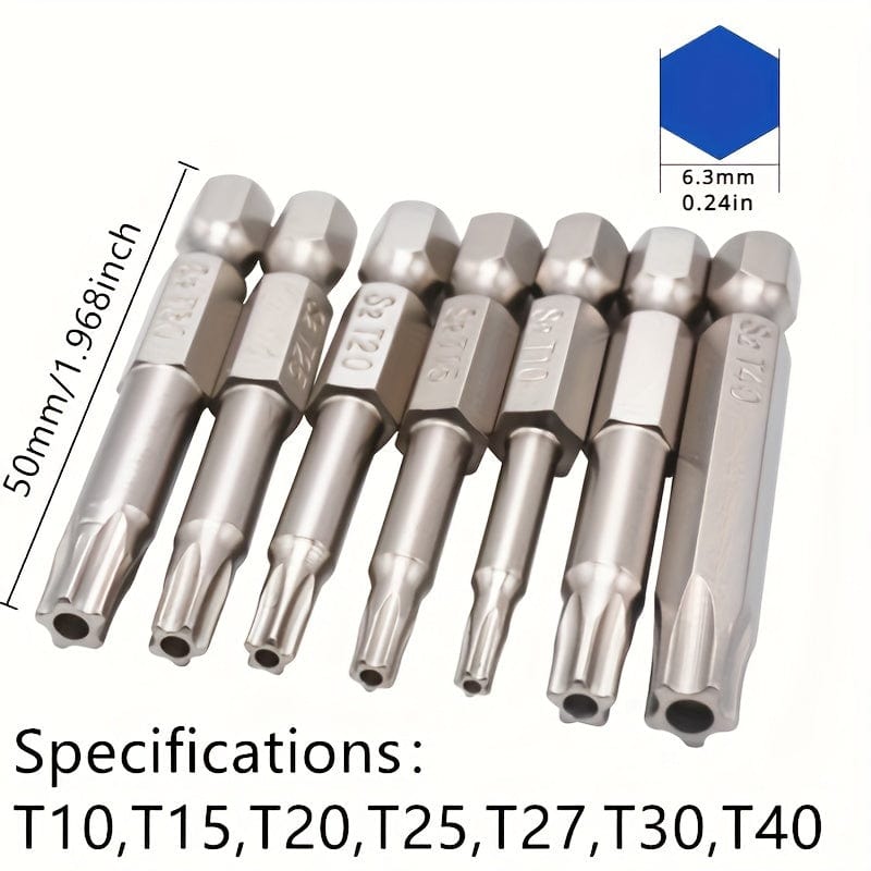 Planet Gates Star Bits 7pcs/set Tamper Resistant Star Bits, 1/4" Hex Shank, S2 Steel Screwdriver, Nickel Plated, 5cm Length