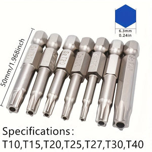 Planet Gates Star Bits 7pcs/set Tamper Resistant Star Bits, 1/4" Hex Shank, S2 Steel Screwdriver, Nickel Plated, 5cm Length