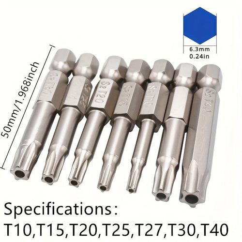 Planet Gates Star Bits 7pcs/set Tamper Resistant Star Bits, 1/4" Hex Shank, S2 Steel Screwdriver, Nickel Plated, 5cm Length