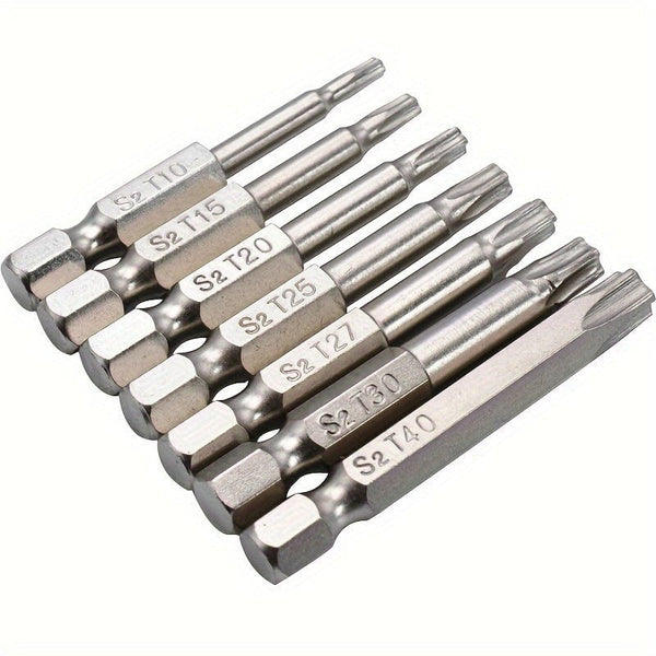 Planet Gates Star Bits 7pcs/set Tamper Resistant Star Bits, 1/4" Hex Shank, S2 Steel Screwdriver, Nickel Plated, 5cm Length