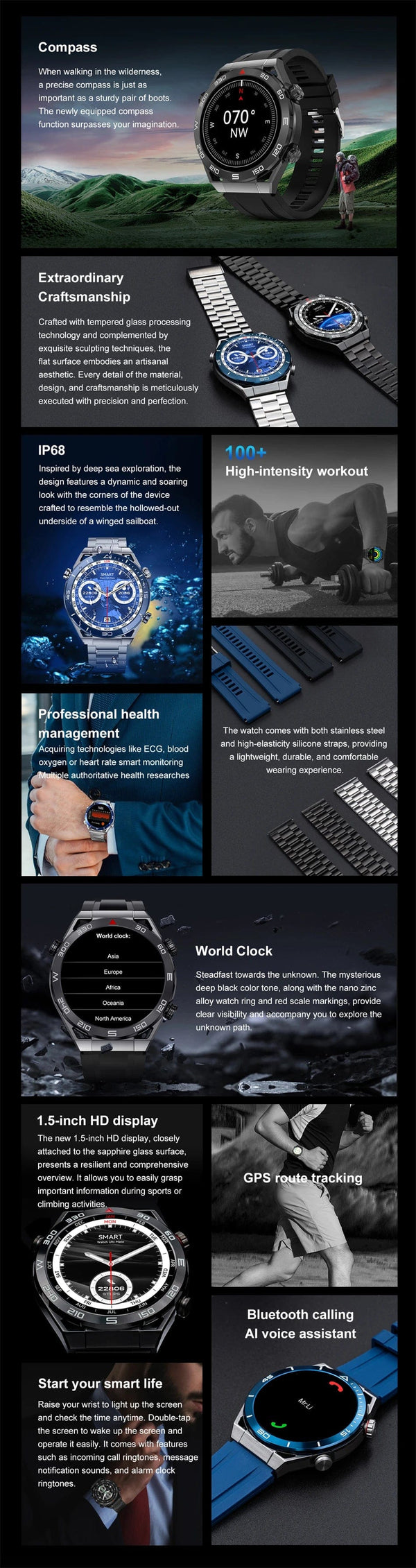 Planet Gates Steel Black For Huawei GT6 Pro Smart Watch Men 390*390 HD Screen Heart Rate Bluetooth Call IP67 Waterproof Sport SmartWatch for Xiaomi Apple