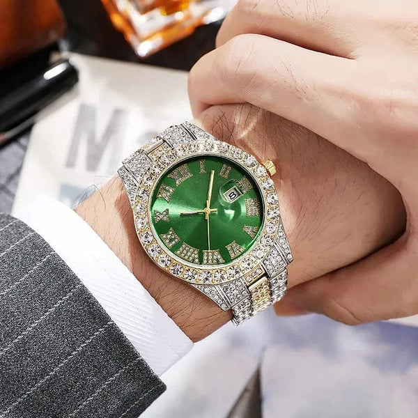 Planet Gates Steel Blue Personalized Hip Hop Watch with Shiny Rhinestones for Men, Luxury Clock, Band Length, Iced Steel Belt, 40mm Diameter Glass Dial
