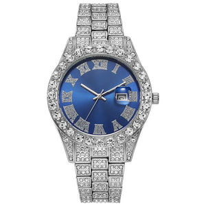 Planet Gates Steel Blue Personalized Hip Hop Watch with Shiny Rhinestones for Men, Luxury Clock, Band Length, Iced Steel Belt, 40mm Diameter Glass Dial
