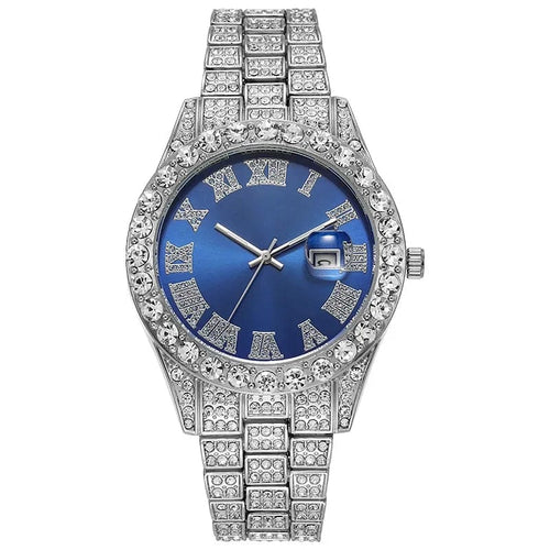 Planet Gates Steel Blue Personalized Hip Hop Watch with Shiny Rhinestones for Men, Luxury Clock, Band Length, Iced Steel Belt, 40mm Diameter Glass Dial