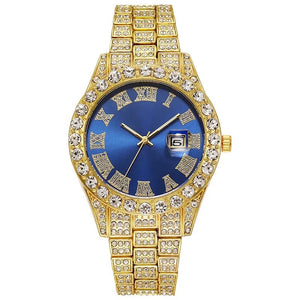 Planet Gates Steel Blue Personalized Hip Hop Watch with Shiny Rhinestones for Men, Luxury Clock, Band Length, Iced Steel Belt, 40mm Diameter Glass Dial