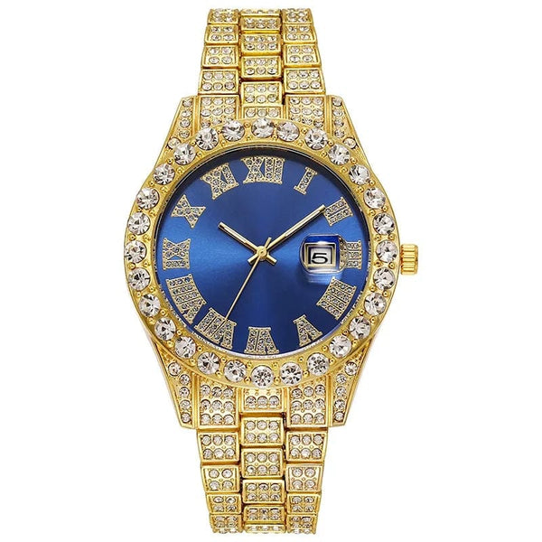 Planet Gates Steel Blue Personalized Hip Hop Watch with Shiny Rhinestones for Men, Luxury Clock, Band Length, Iced Steel Belt, 40mm Diameter Glass Dial