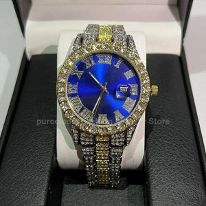 Planet Gates Steel Blue Personalized Hip Hop Watch with Shiny Rhinestones for Men, Luxury Clock, Band Length, Iced Steel Belt, 40mm Diameter Glass Dial