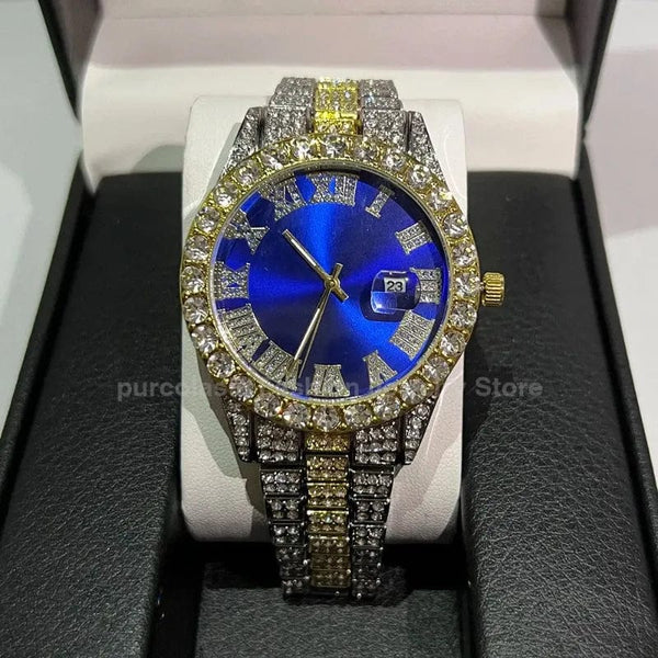 Planet Gates Steel Blue Personalized Hip Hop Watch with Shiny Rhinestones for Men, Luxury Clock, Band Length, Iced Steel Belt, 40mm Diameter Glass Dial