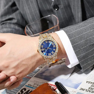 Planet Gates Steel Blue Personalized Hip Hop Watch with Shiny Rhinestones for Men, Luxury Clock, Band Length, Iced Steel Belt, 40mm Diameter Glass Dial