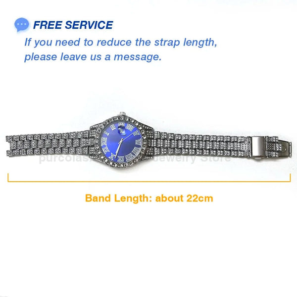 Planet Gates Steel Blue Personalized Hip Hop Watch with Shiny Rhinestones for Men, Luxury Clock, Band Length, Iced Steel Belt, 40mm Diameter Glass Dial