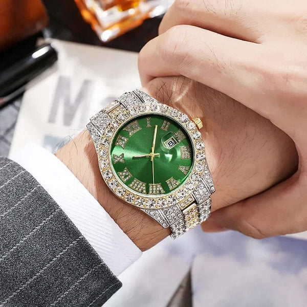 Planet Gates Steel Blue Personalized Hip Hop Watch with Shiny Rhinestones for Men, Luxury Clock, Band Length, Iced Steel Belt, 40mm Diameter Glass Dial