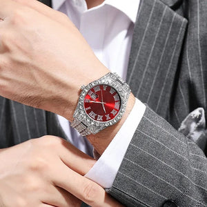 Planet Gates Steel Blue Personalized Hip Hop Watch with Shiny Rhinestones for Men, Luxury Clock, Band Length, Iced Steel Belt, 40mm Diameter Glass Dial