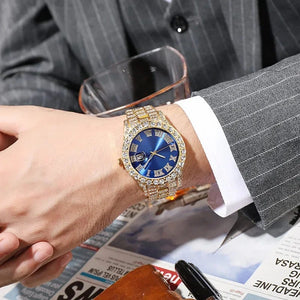 Planet Gates Steel Blue Personalized Hip Hop Watch with Shiny Rhinestones for Men, Luxury Clock, Band Length, Iced Steel Belt, 40mm Diameter Glass Dial