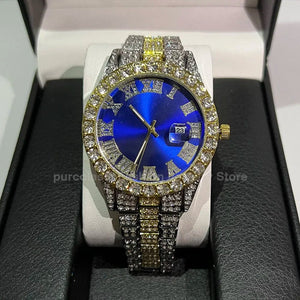 Planet Gates Steel Blue Personalized Hip Hop Watch with Shiny Rhinestones for Men, Luxury Clock, Band Length, Iced Steel Belt, 40mm Diameter Glass Dial