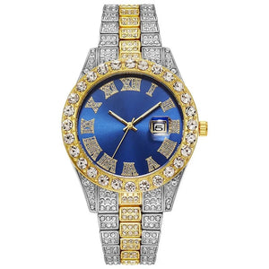 Planet Gates Steel Blue Personalized Hip Hop Watch with Shiny Rhinestones for Men, Luxury Clock, Band Length, Iced Steel Belt, 40mm Diameter Glass Dial