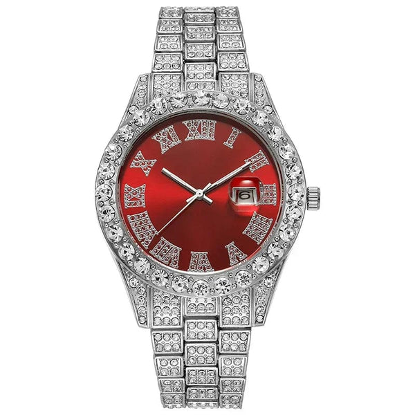 Planet Gates Steel Blue Personalized Hip Hop Watch with Shiny Rhinestones for Men, Luxury Clock, Band Length, Iced Steel Belt, 40mm Diameter Glass Dial