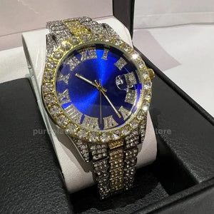 Planet Gates Steel Blue Personalized Hip Hop Watch with Shiny Rhinestones for Men, Luxury Clock, Band Length, Iced Steel Belt, 40mm Diameter Glass Dial
