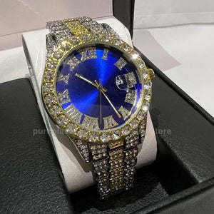 Planet Gates Steel Blue Personalized Hip Hop Watch with Shiny Rhinestones for Men, Luxury Clock, Band Length, Iced Steel Belt, 40mm Diameter Glass Dial