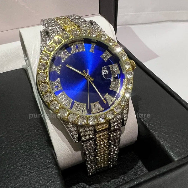 Planet Gates Steel Blue Personalized Hip Hop Watch with Shiny Rhinestones for Men, Luxury Clock, Band Length, Iced Steel Belt, 40mm Diameter Glass Dial