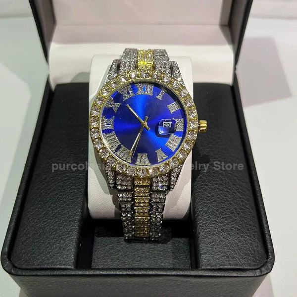 Planet Gates Steel Blue Personalized Hip Hop Watch with Shiny Rhinestones for Men, Luxury Clock, Band Length, Iced Steel Belt, 40mm Diameter Glass Dial