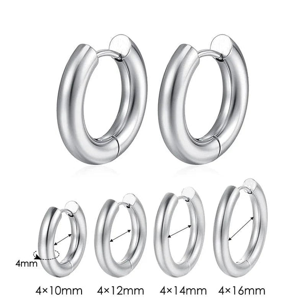 Planet Gates Steel Color 4mm / 14mm Stainless Steel Hoop Earring For Men Women Simple Hip Hop Rock Gold Color Piercing Punk Chic Jewelry Korean Chunky Earrings