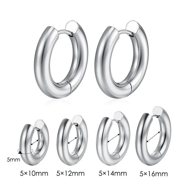 Planet Gates Steel Color 5mm / 14mm Stainless Steel Hoop Earring For Men Women Simple Hip Hop Rock Gold Color Piercing Punk Chic Jewelry Korean Chunky Earrings