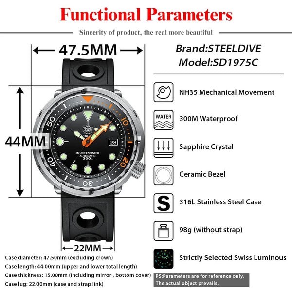 Planet Gates STEELDIVE SD1975C Classic Mechanical Watch For Men Multicolor Luminous 30Bar Waterproof NH35 Movement Dive Tuna Sapphire Mirror