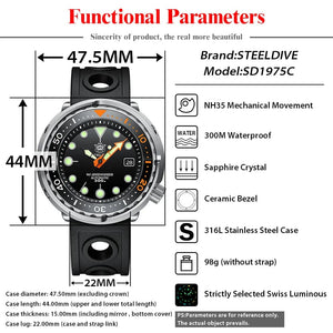Planet Gates STEELDIVE SD1975C Classic Mechanical Watch For Men Multicolor Luminous 30Bar Waterproof NH35 Movement Dive Tuna Sapphire Mirror