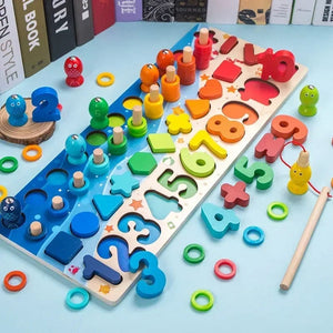 Planet Gates Stereoscopic Fish Kids Montessori Math Toys For Toddlers Educational Wooden Puzzle Fishing Toys Count Number Shape Matching Sorter Games Board Toy